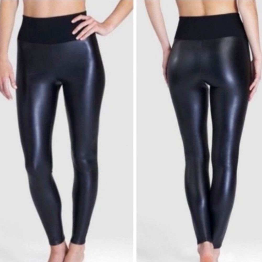 Spanx Black Faux Leather Legging Knit Waistband Size Medium